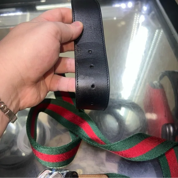 Gucci Green and Red Web Belt with Silver Buckle